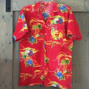 Vintage Palmetto's Hawaiian Shirt Mens Large Red Tropical Palm Tree Button Up